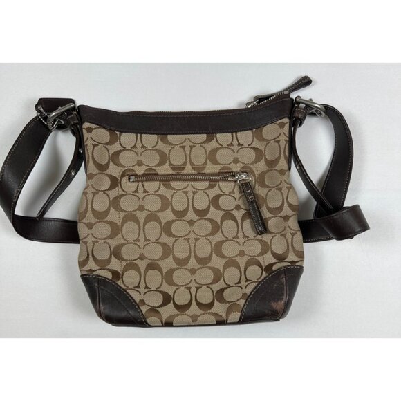 Coach Handbags - Coach Women Medium Signature Monogram Canvas Leather Trim Shoulder Bag Brown